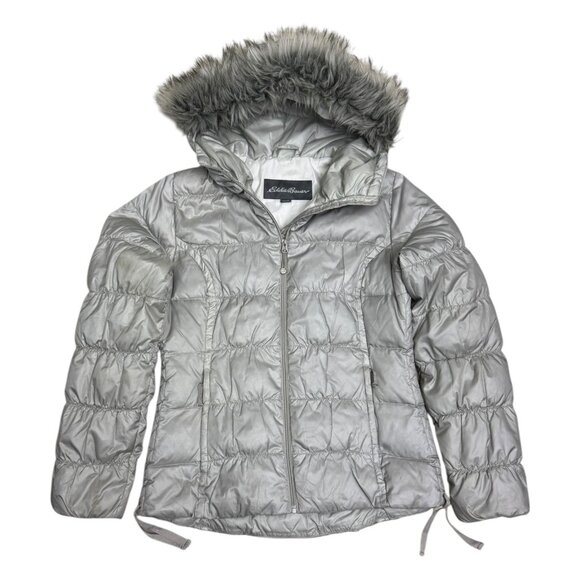 EDDIE BAUER Goose Down Silver Faux Fur Winter Puffer Parka Coat Jacket Womens S - Picture 1 of 8